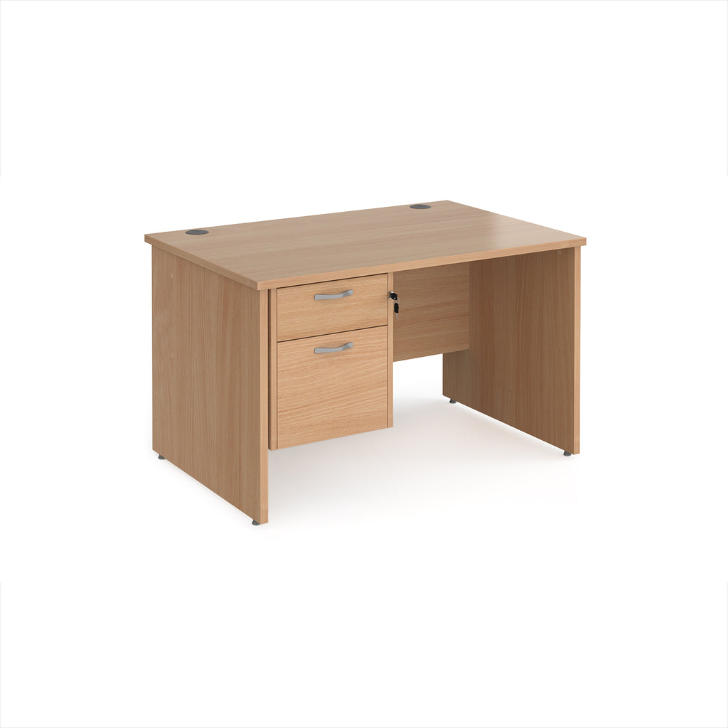 Wooden office desk with a drawer on a white background