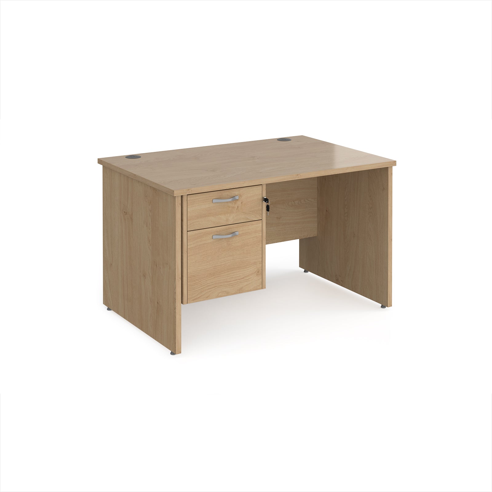 Wooden office desk with two drawers on a white background