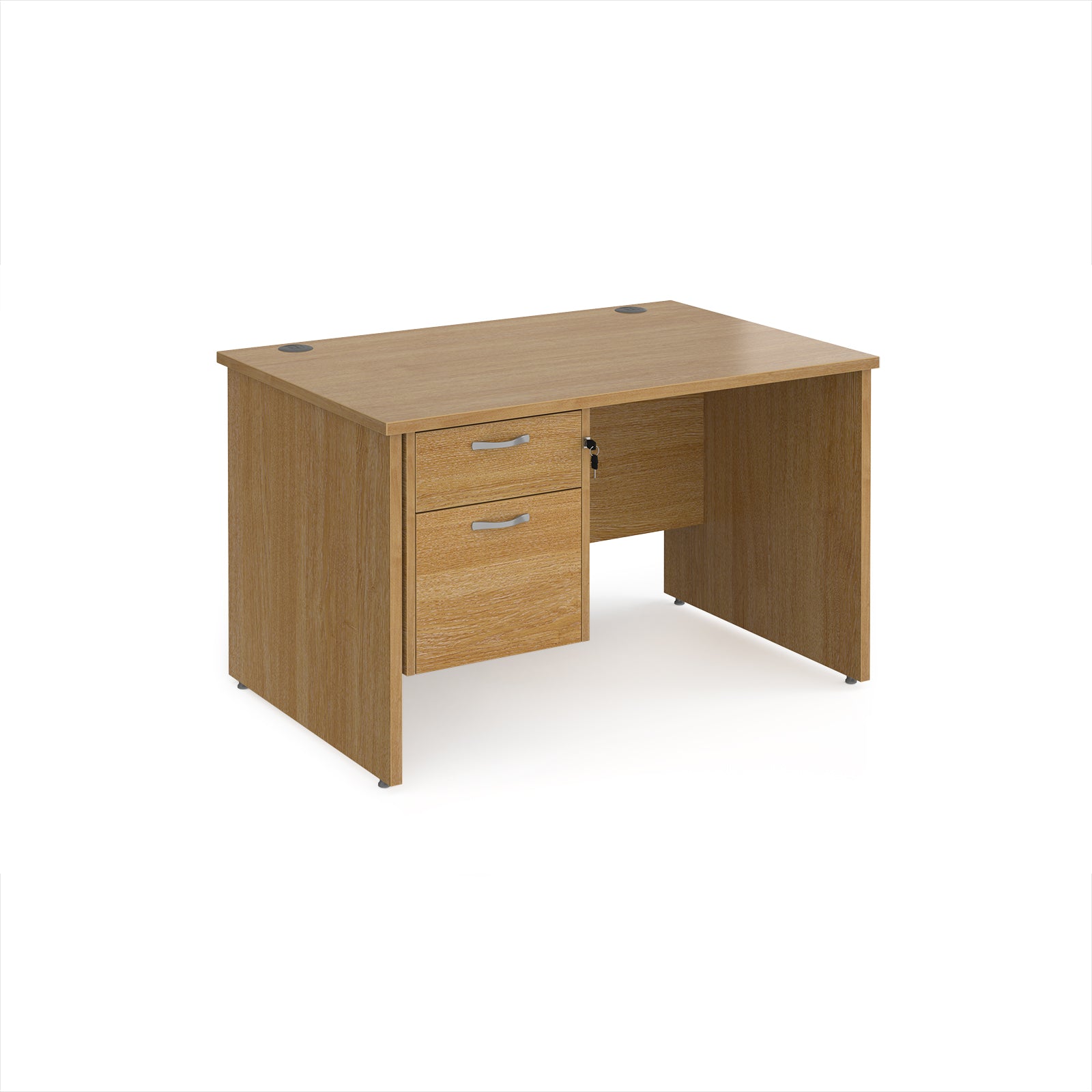 Wooden office desk with two drawers on a white background