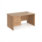 Wood-effect office desk with three drawers on a white background