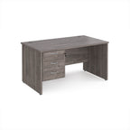 Grey wood-effect office desk with three drawers on a white background