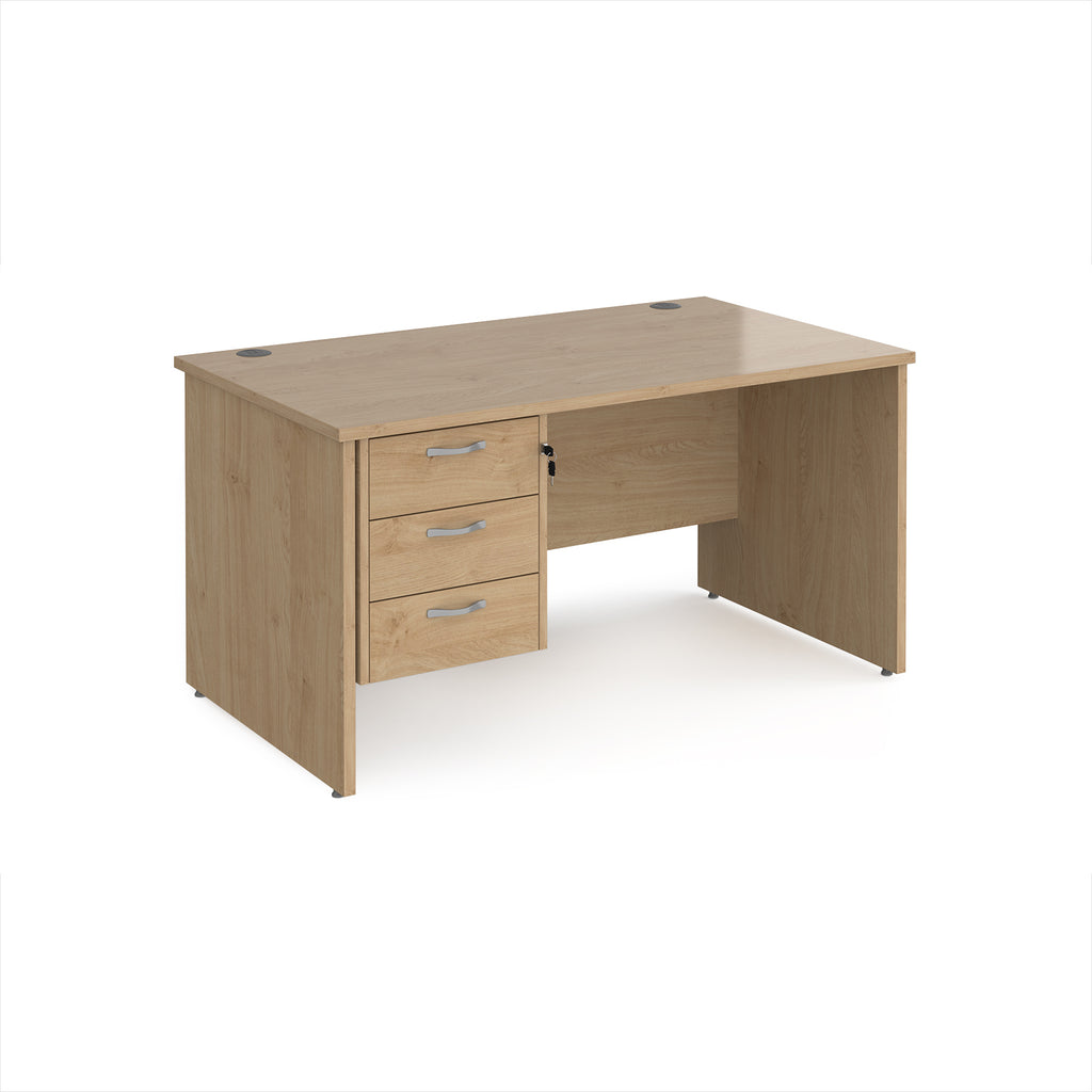 Wood-effect office desk with three drawers on a white background