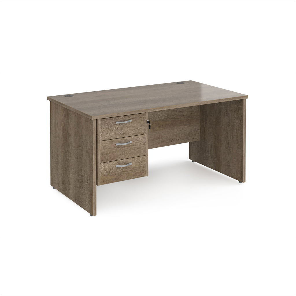 Wood-effect office desk with three drawers on a white background