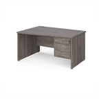 Grey wood-effect wave office desk with drawers on a white background