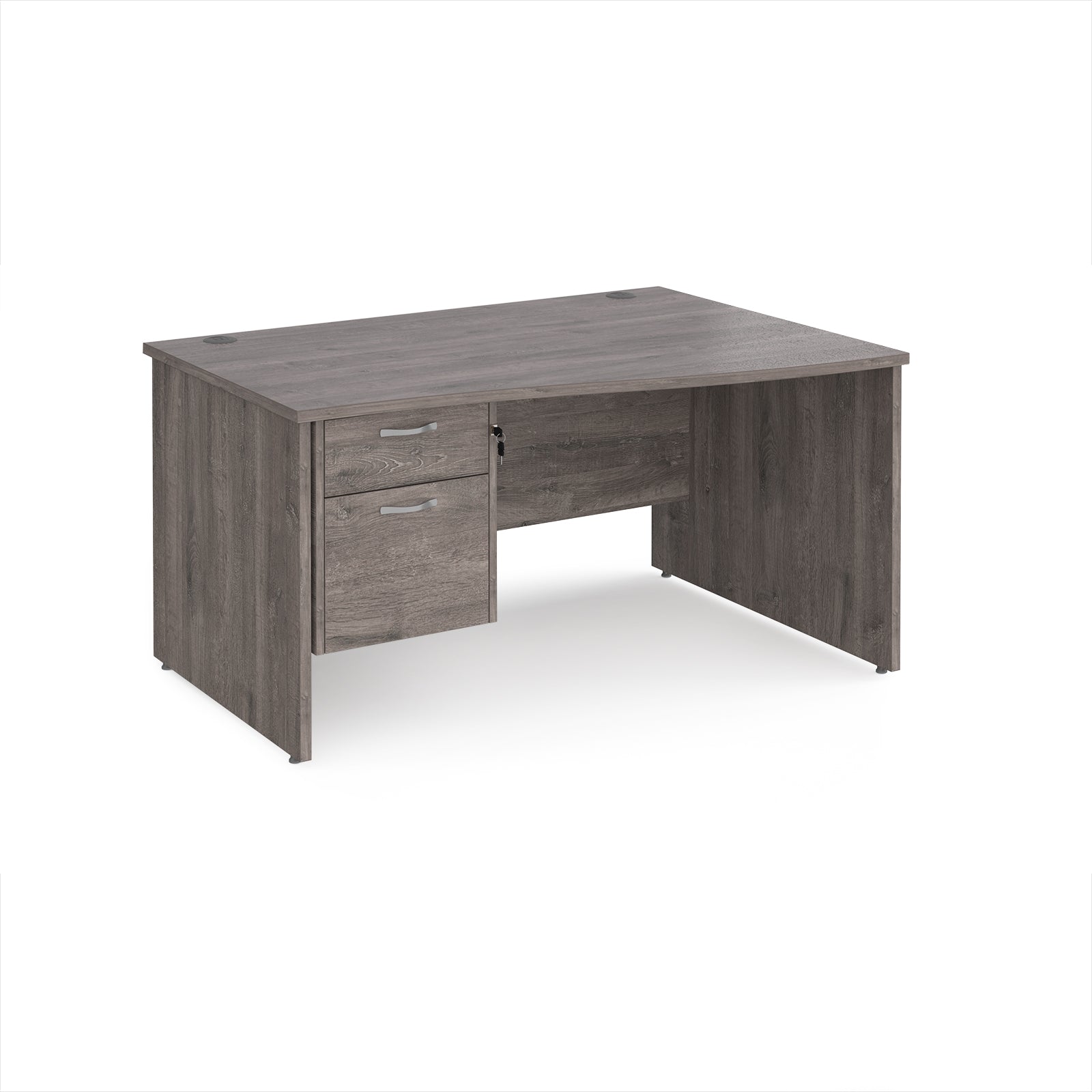 Grey wood-effect wave office desk with two drawers on a white background