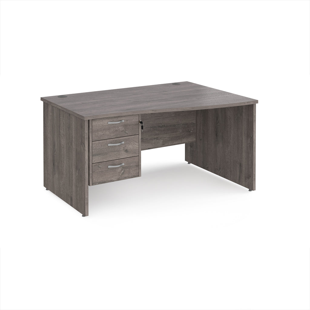 Grey wood-effect wave office desk with drawers on a white background