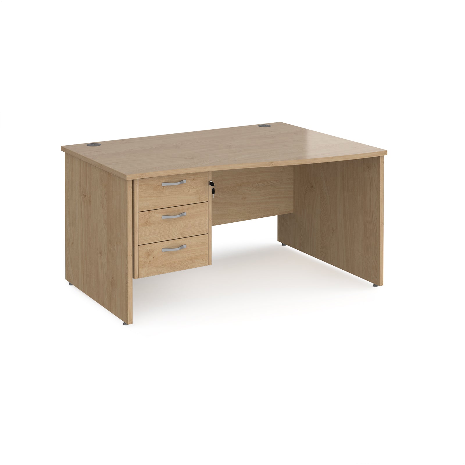 Wood-effect wave office desk with drawers on a white background