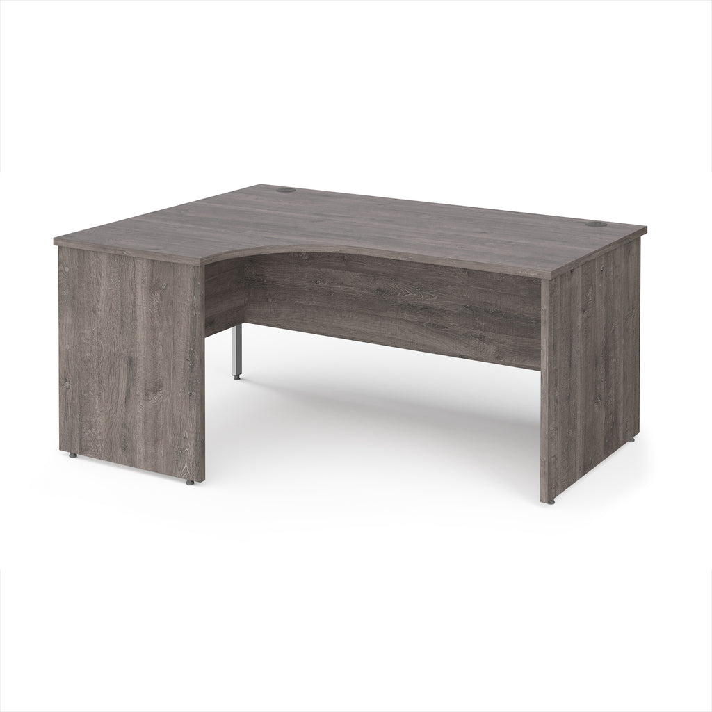Corner office desk with a wooden finish on a white background