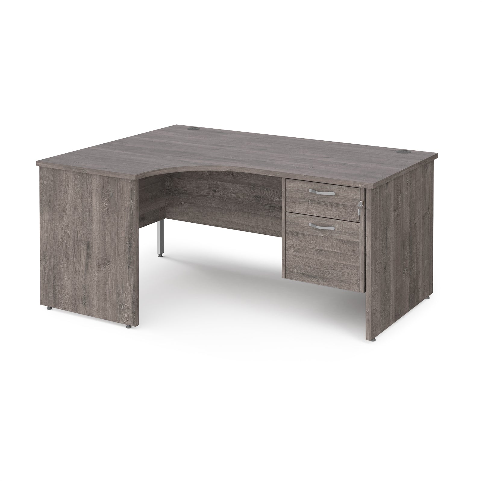 Grey wood-effect corner desk with drawers on a white background