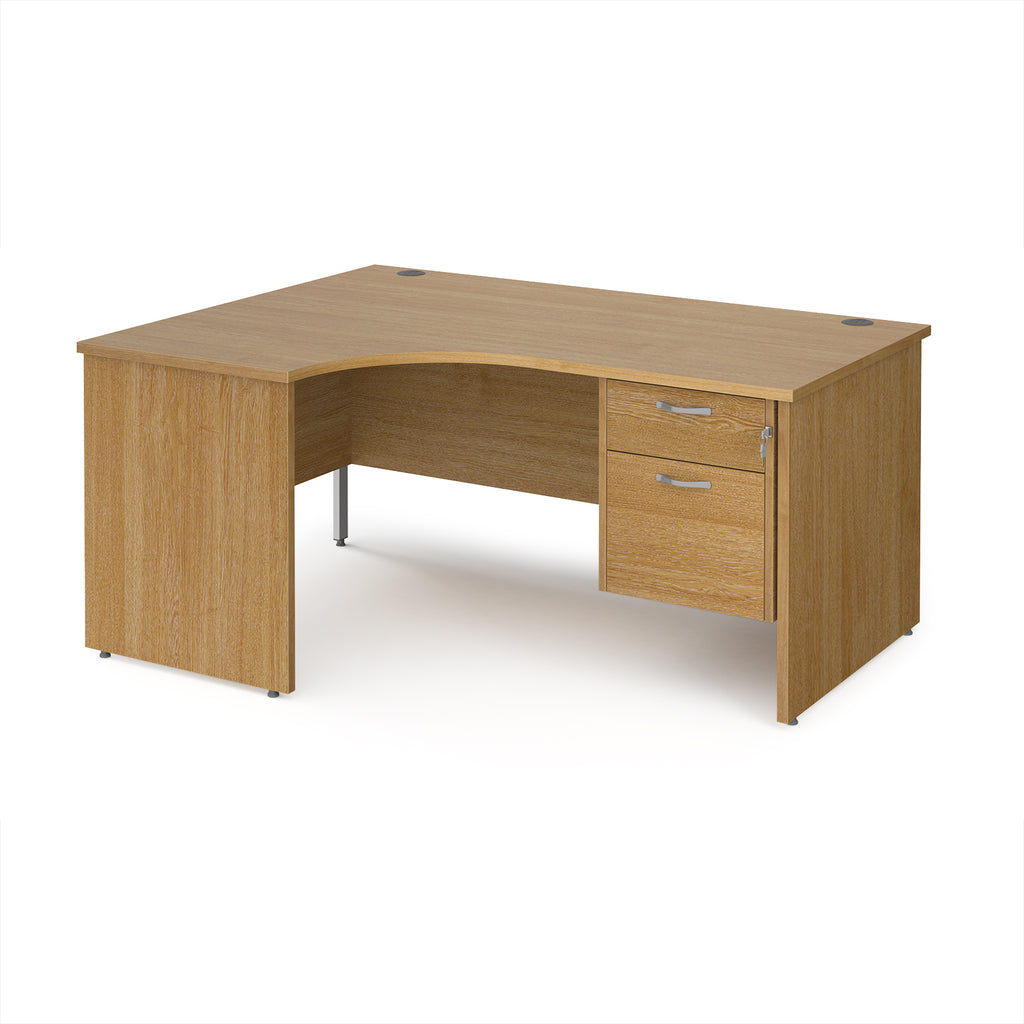 Wood-effect corner desk with drawers on a white background