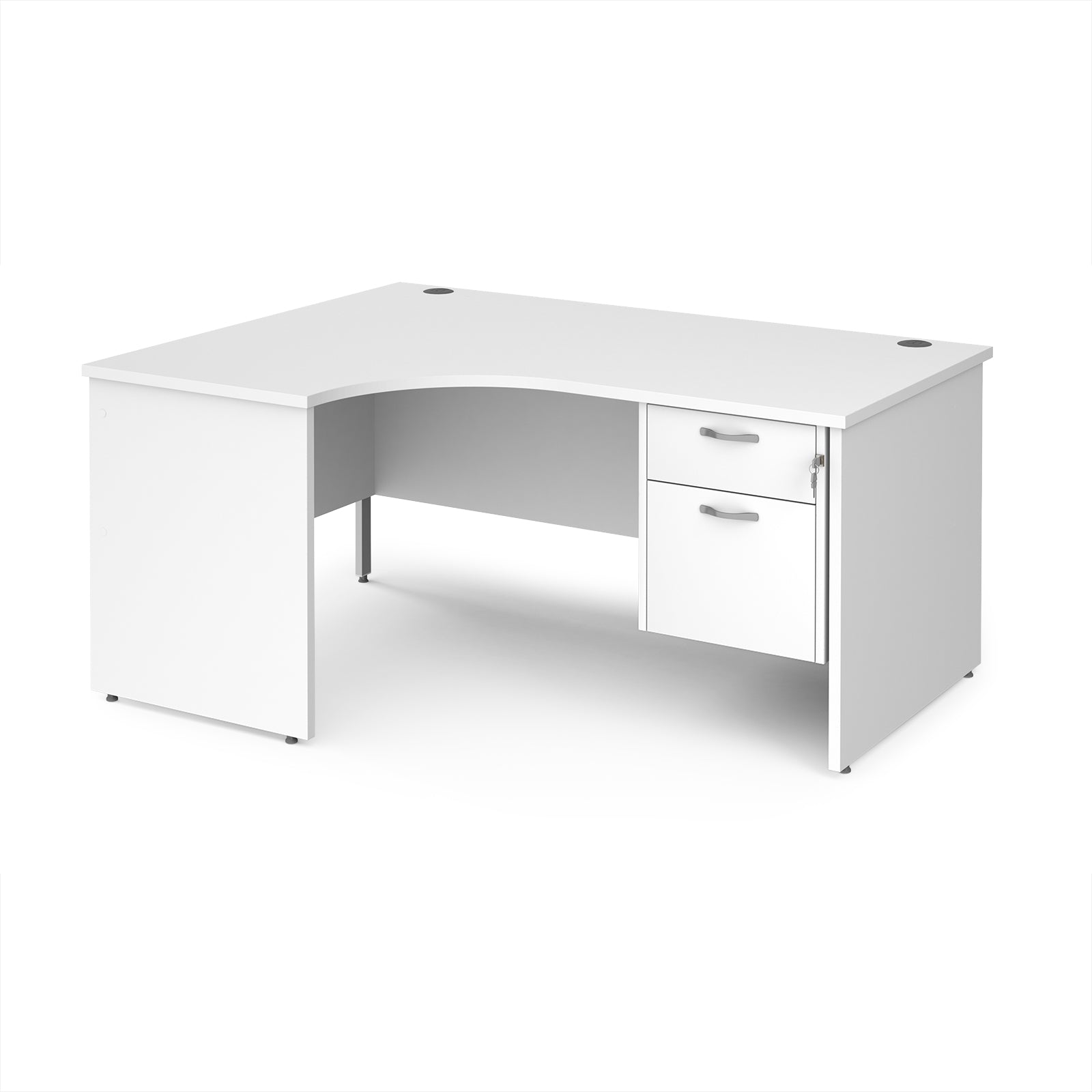 White corner desk with drawers on a white background