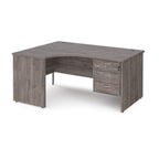 Grey wood-effect corner office desk with drawers on a white background