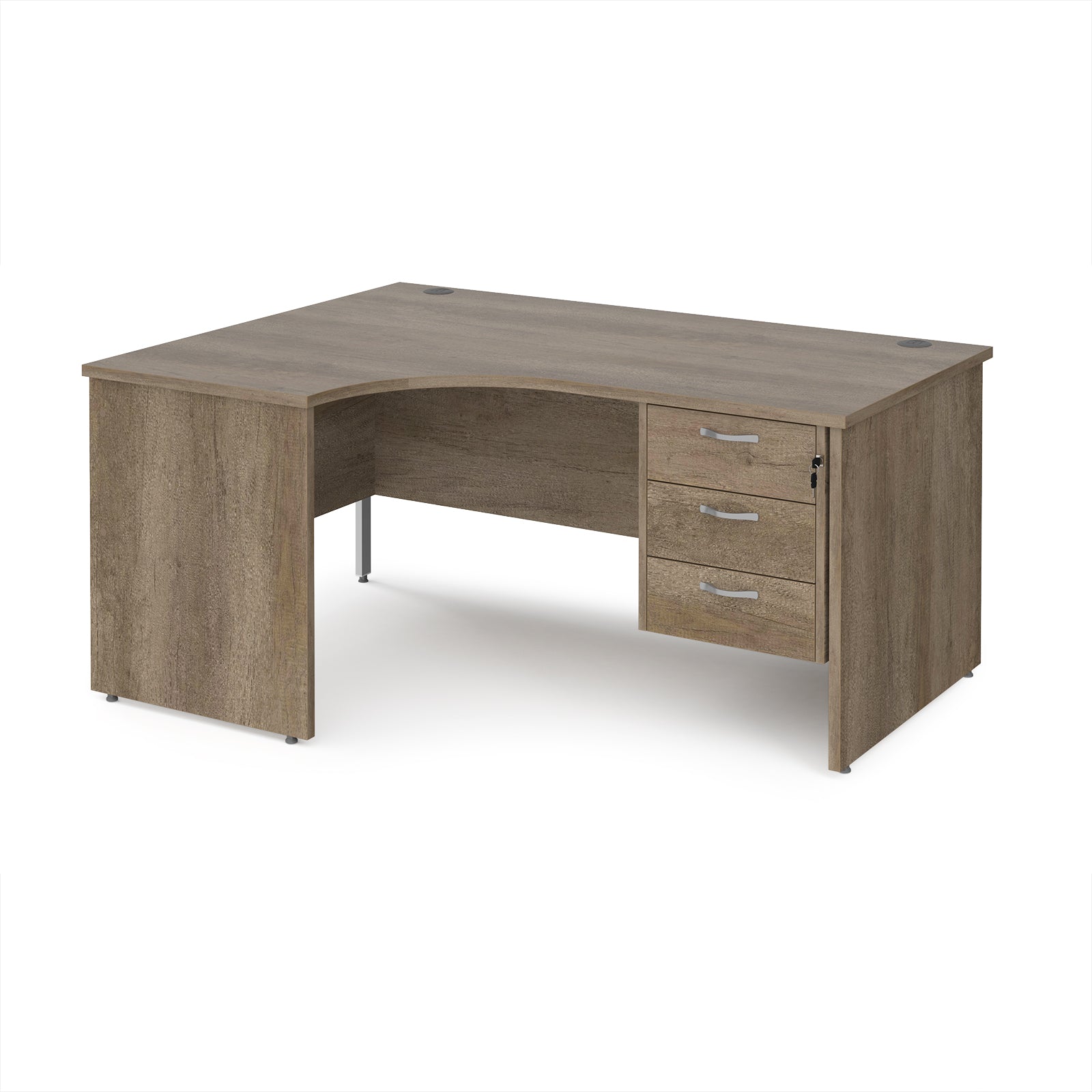 Wood-effect corner office desk with drawers on a white background