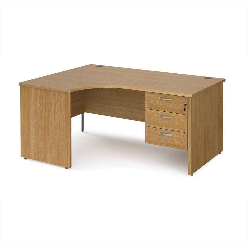 Wood-effect corner office desk with drawers on a white background