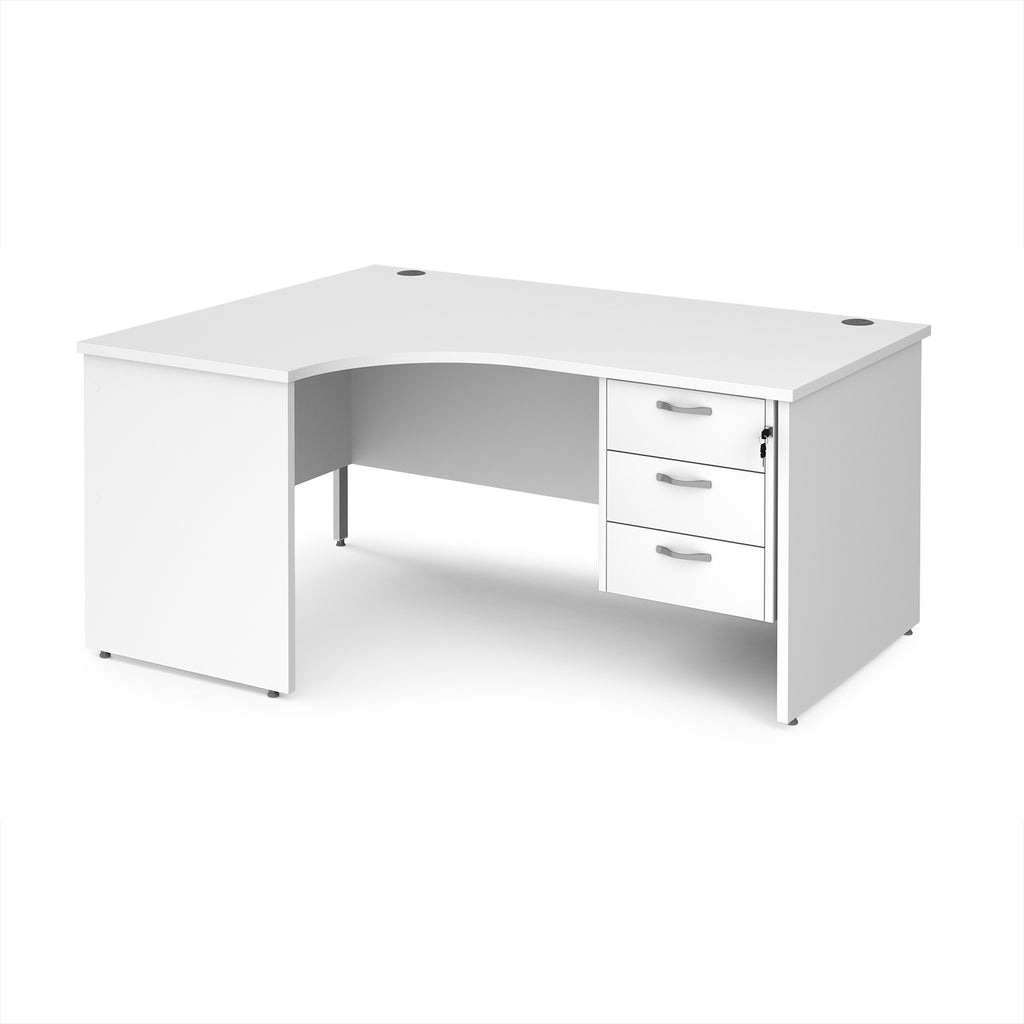 White corner office desk with drawers on a white background