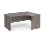 Corner office desk with a grey wood finish on a white background