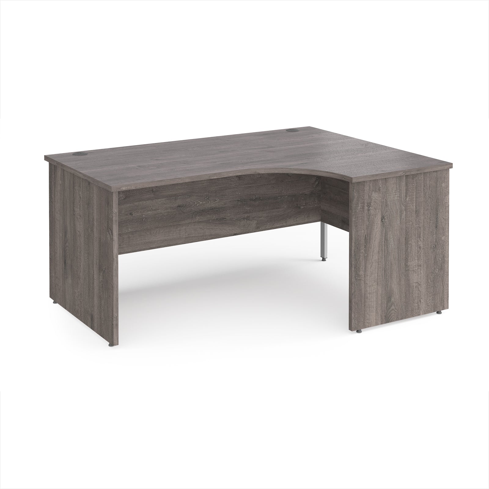 Corner office desk with a grey wood finish on a white background