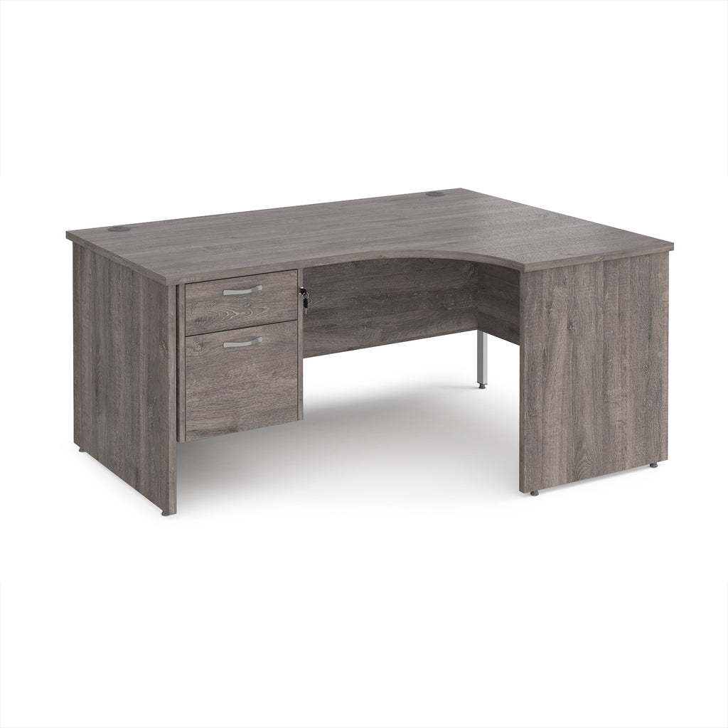 Grey wood-effect corner desk with drawers on a white background