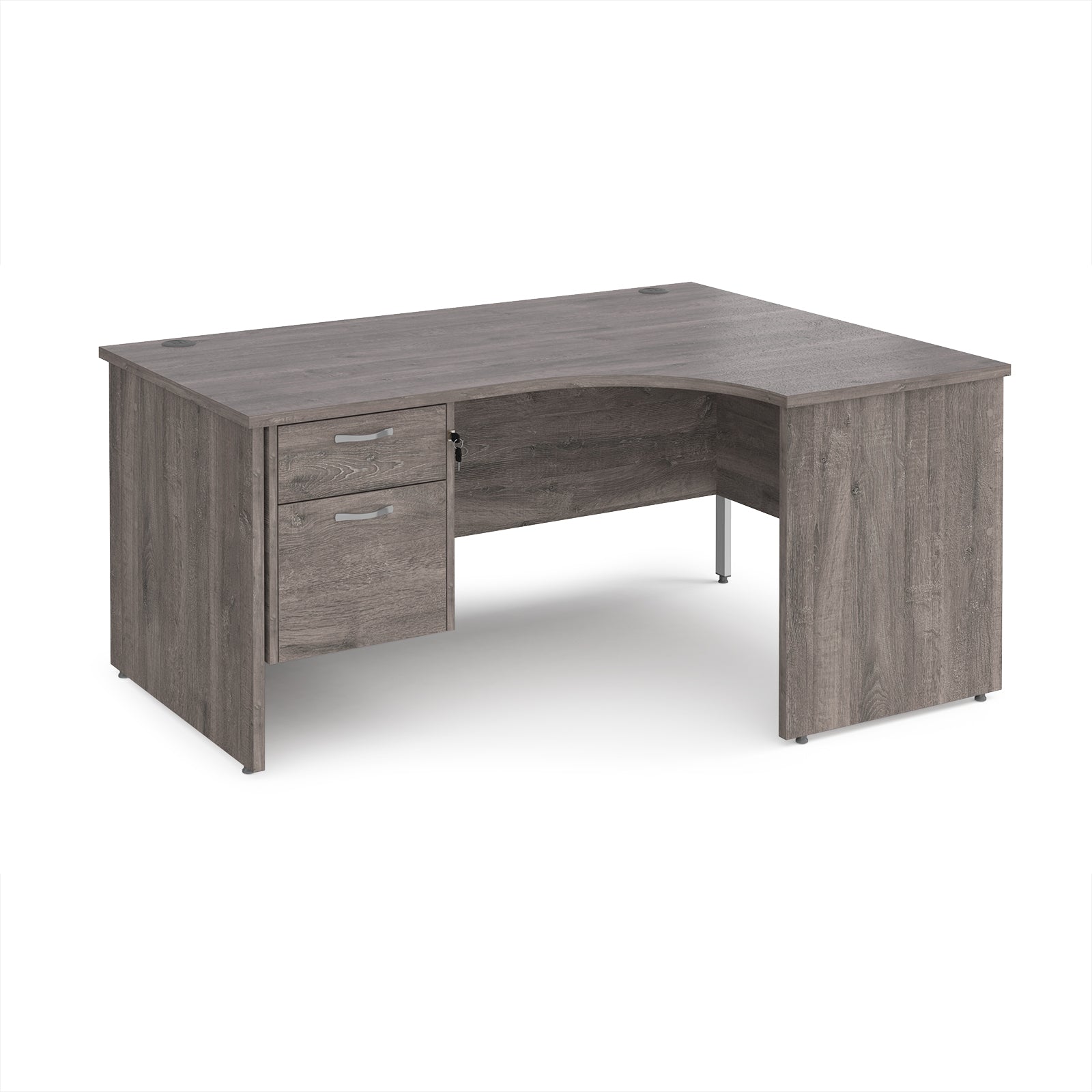 Grey wood-effect corner desk with drawers on a white background