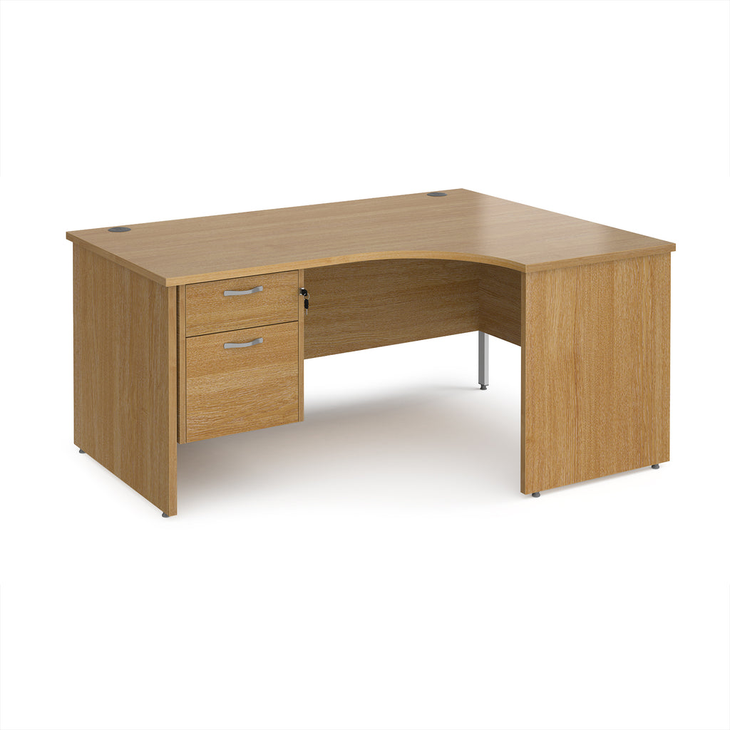 Wood-effect corner desk with drawers on a white background