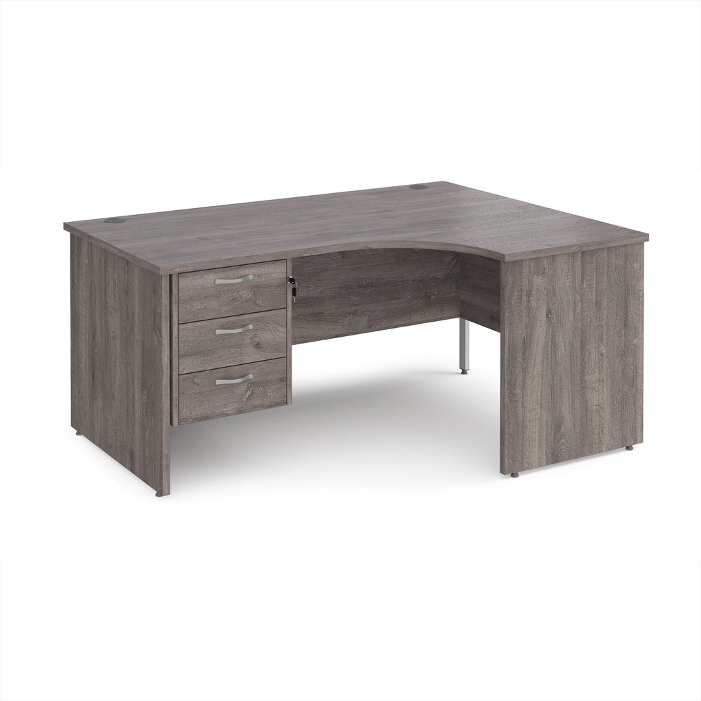 Grey wood-effect corner desk with drawers on a white background