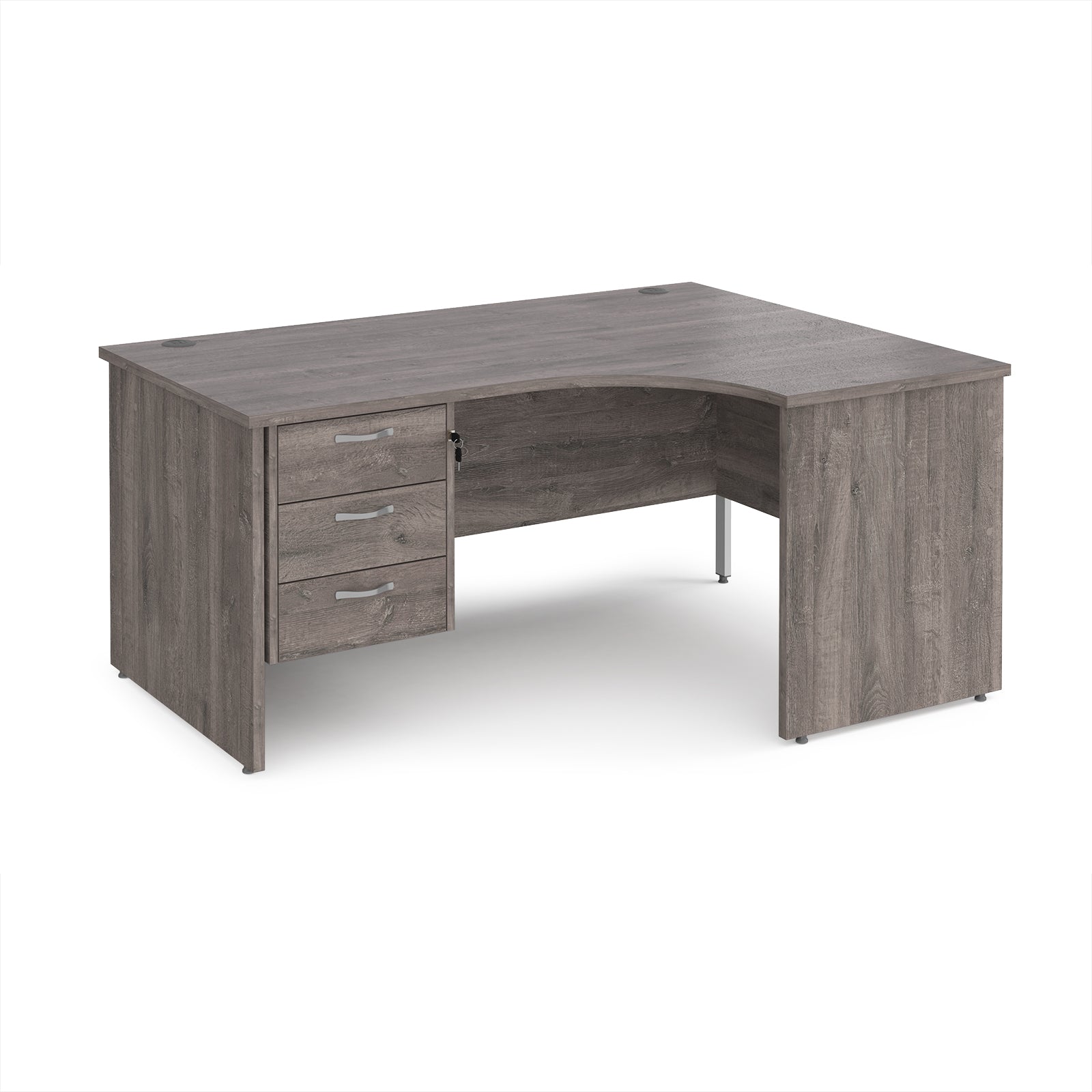 Grey wood-effect corner desk with drawers on a white background