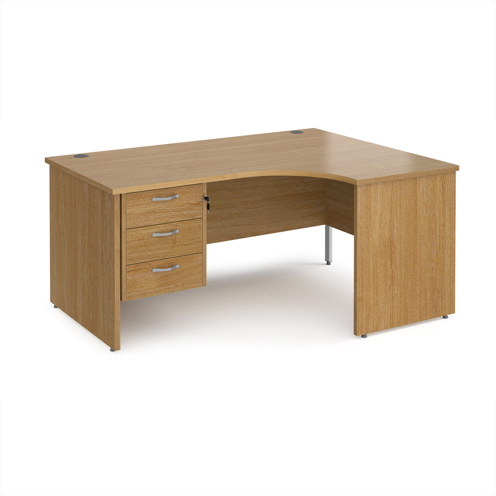 Wood-effect corner desk with drawers on a white background