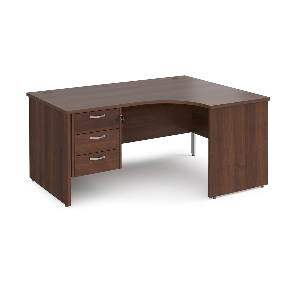 Wood-effect corner desk with drawers on a white background