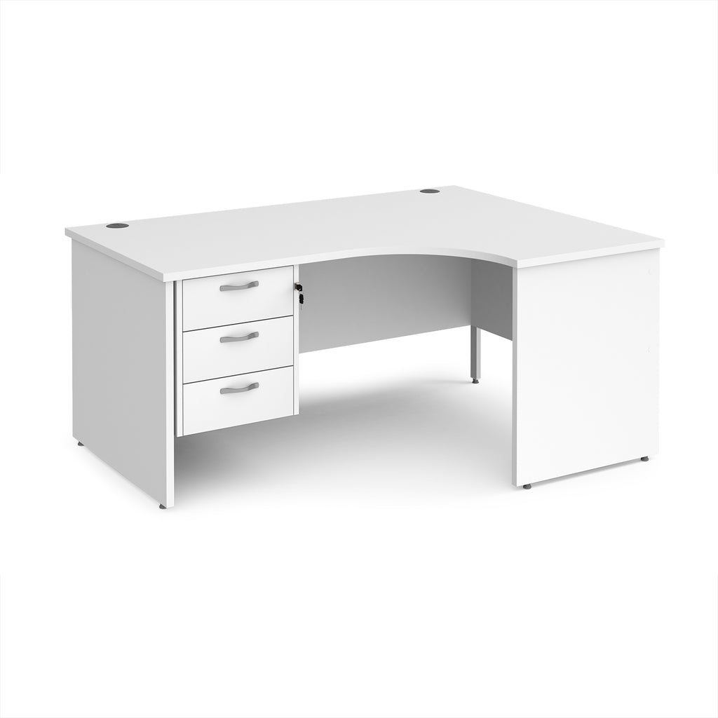White corner desk with drawers on a white background