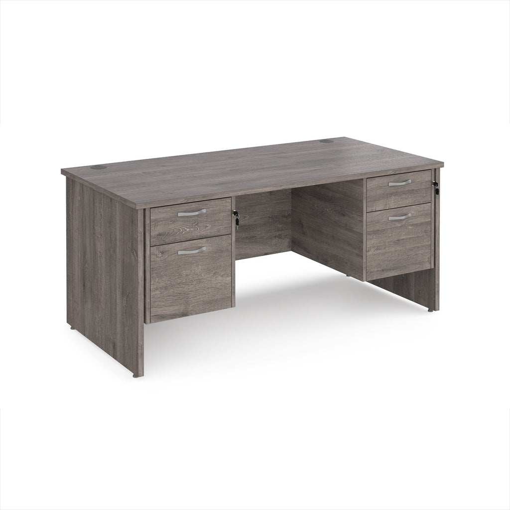 Grey wood-effect office desk with drawers on a white background