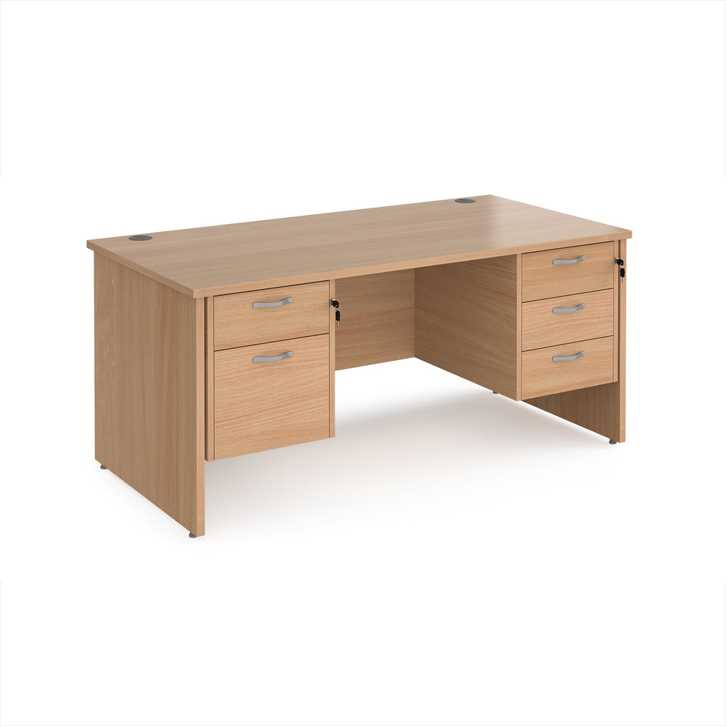 Wooden office desk with multiple drawers on a white background