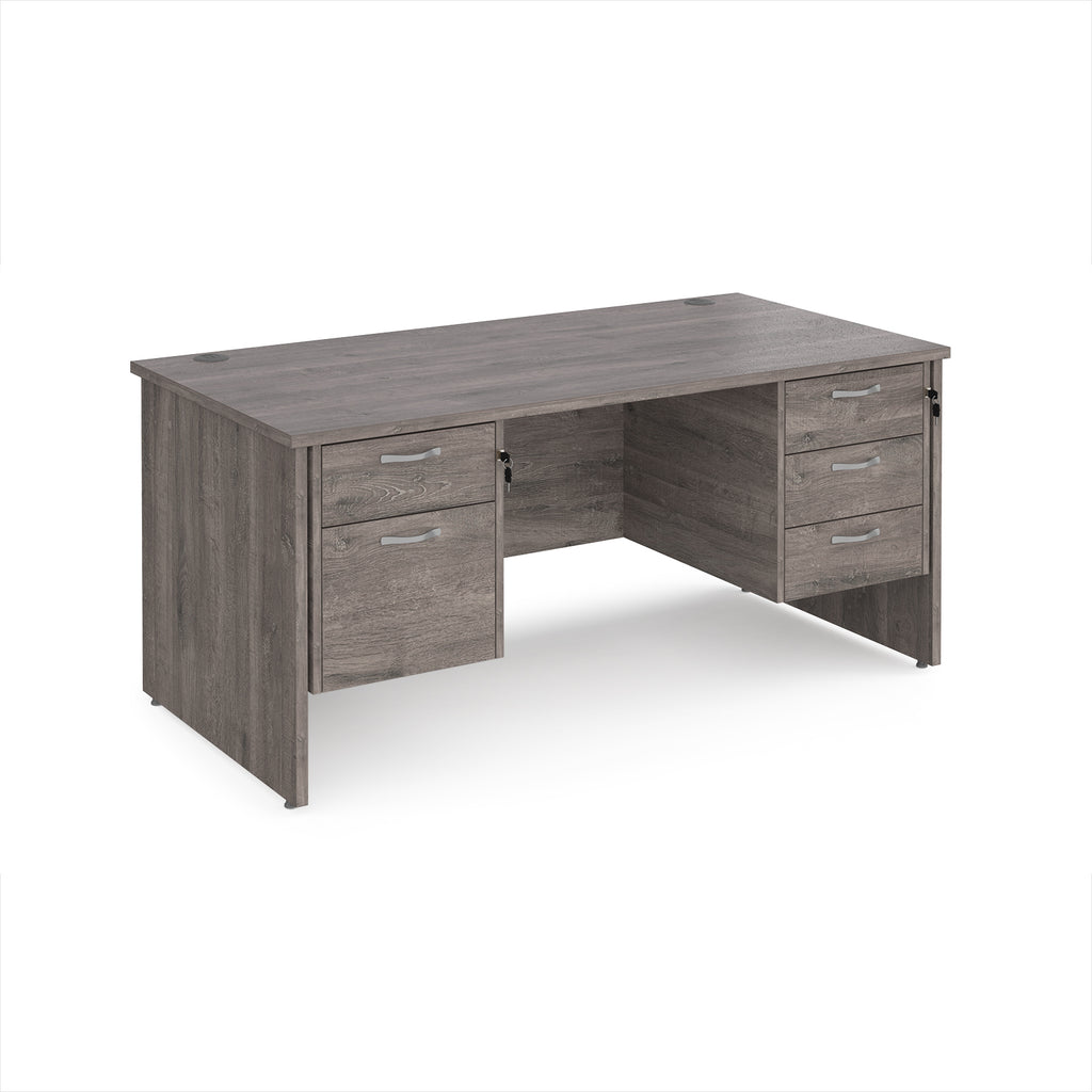 Wooden office desk with multiple drawers on a white background