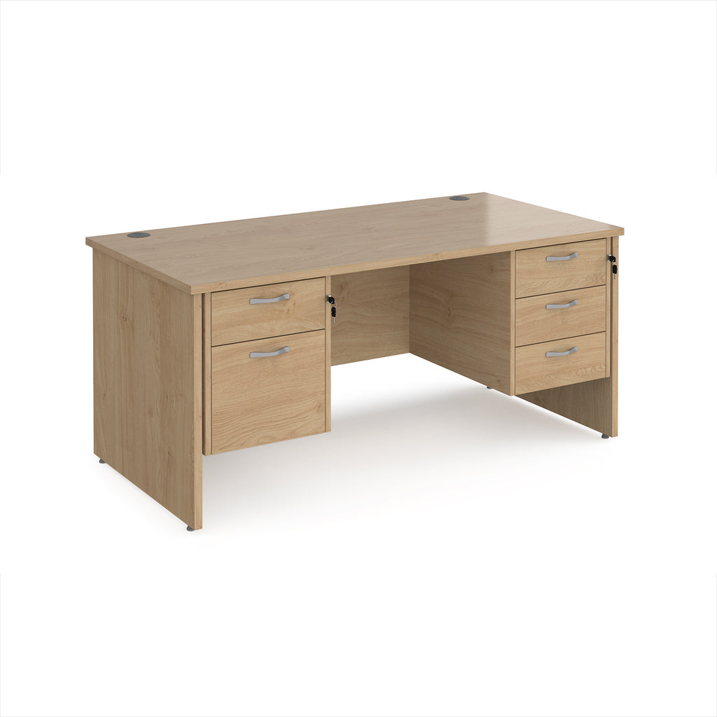 Wooden office desk with multiple drawers on a white background