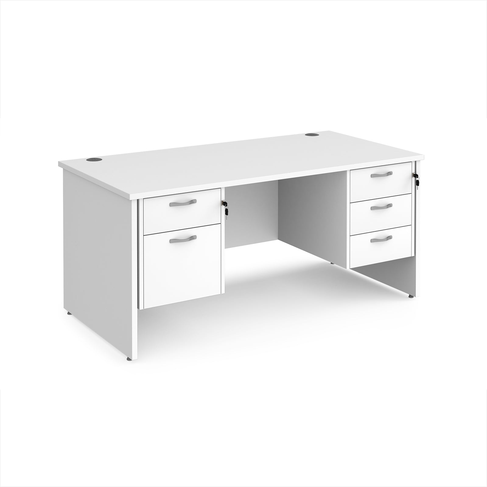 White office desk with multiple drawers on a white background