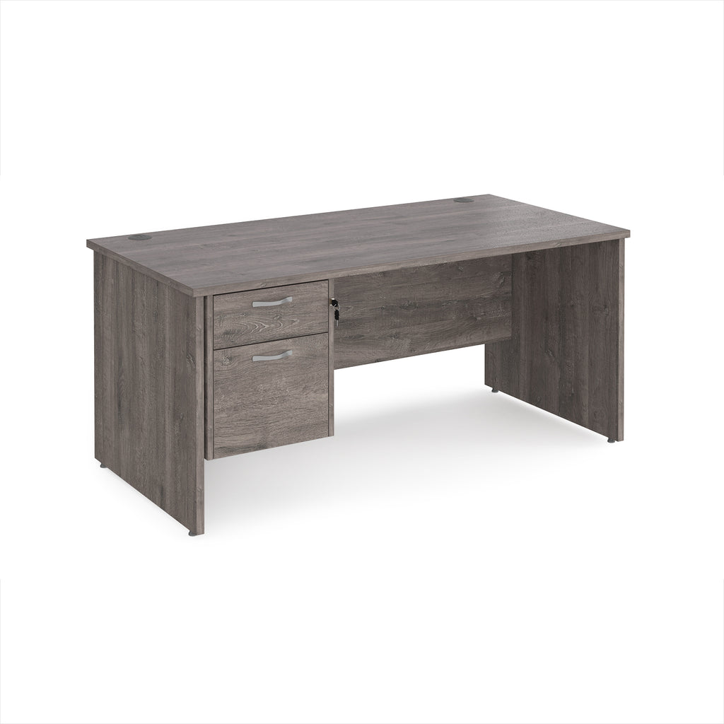 Grey wooden office desk with two drawers on a white background