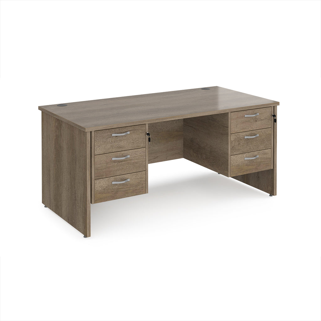 Wood-effect office desk with multiple drawers on a white background
