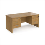 Wood-effect office desk with multiple drawers on a white background