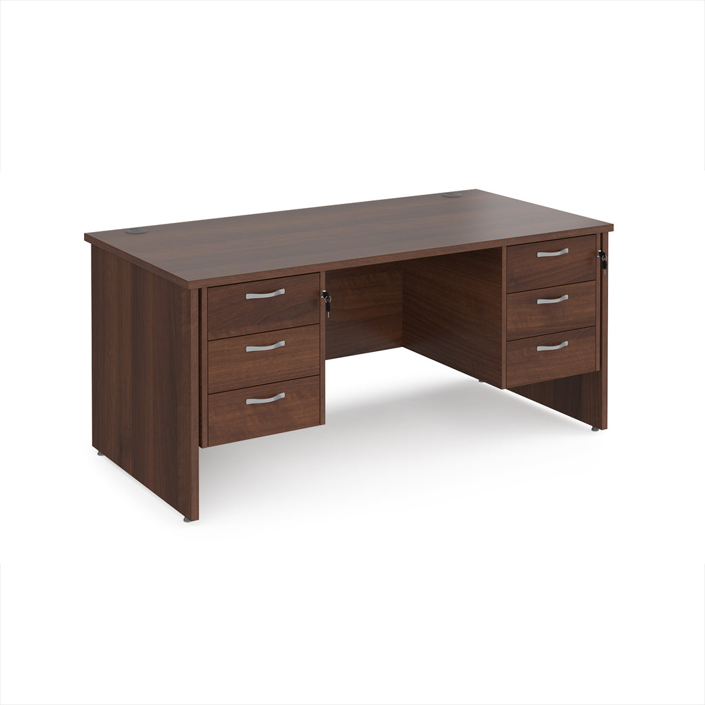 Wood-effect office desk with multiple drawers on a white background