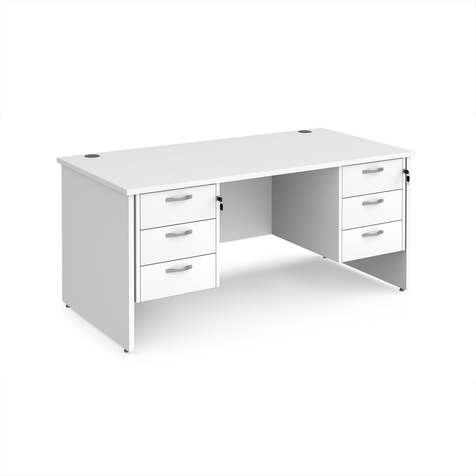 White office desk with multiple drawers on a white background