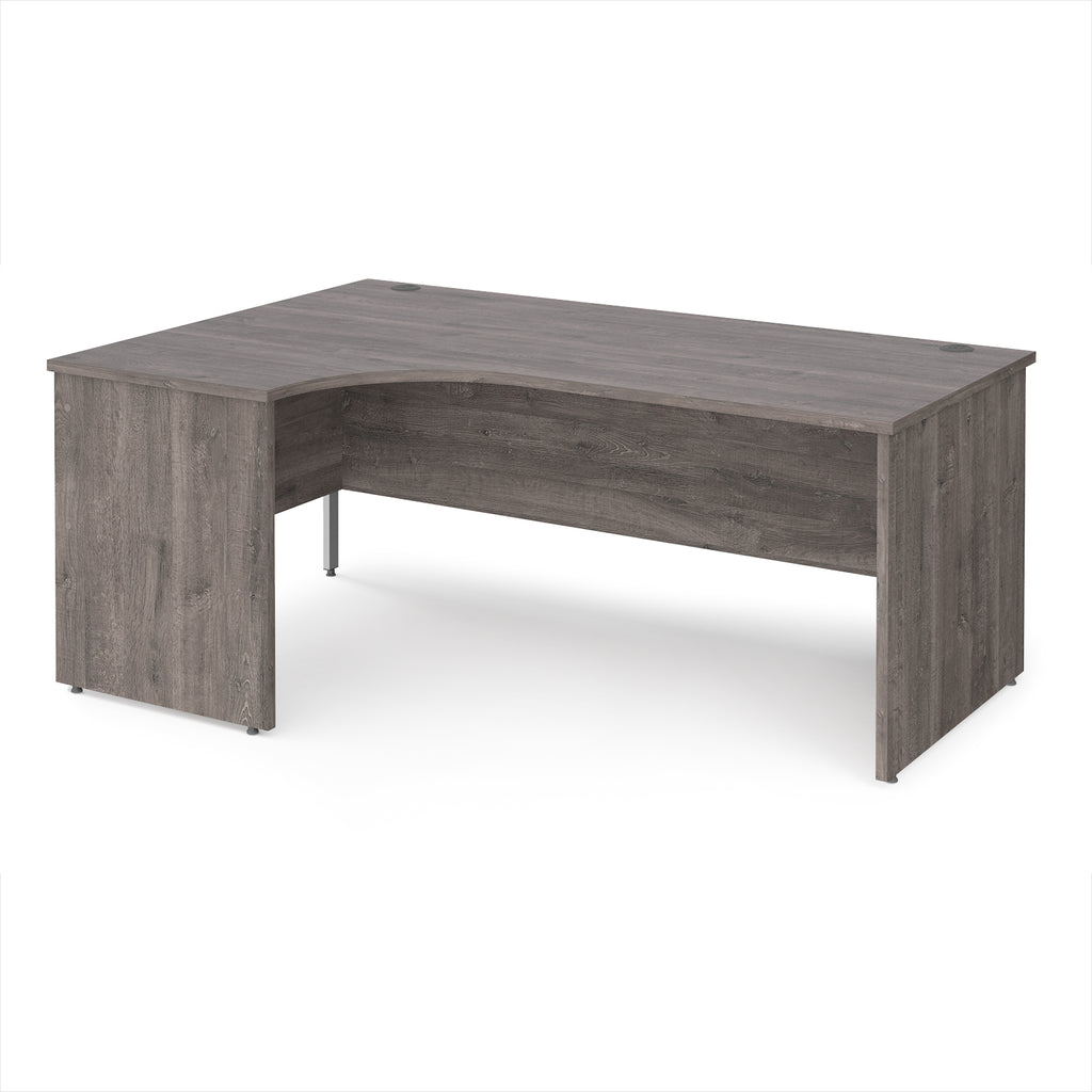 Corner office desk with a grey wood finish on a white background