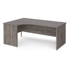 Corner office desk with a grey wood finish on a white background