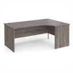 Corner office desk with a grey wood finish on a white background