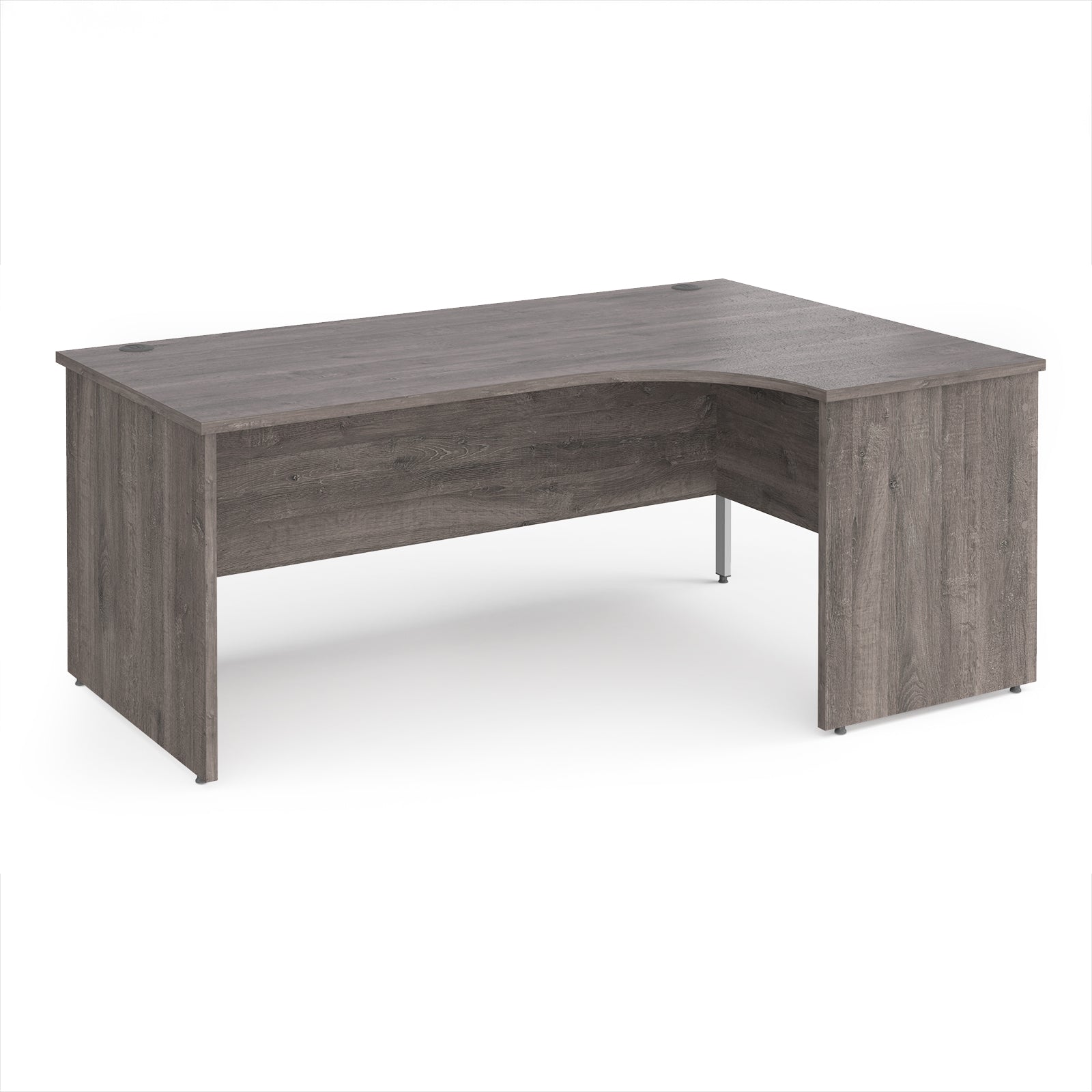 Corner office desk with a grey wood finish on a white background
