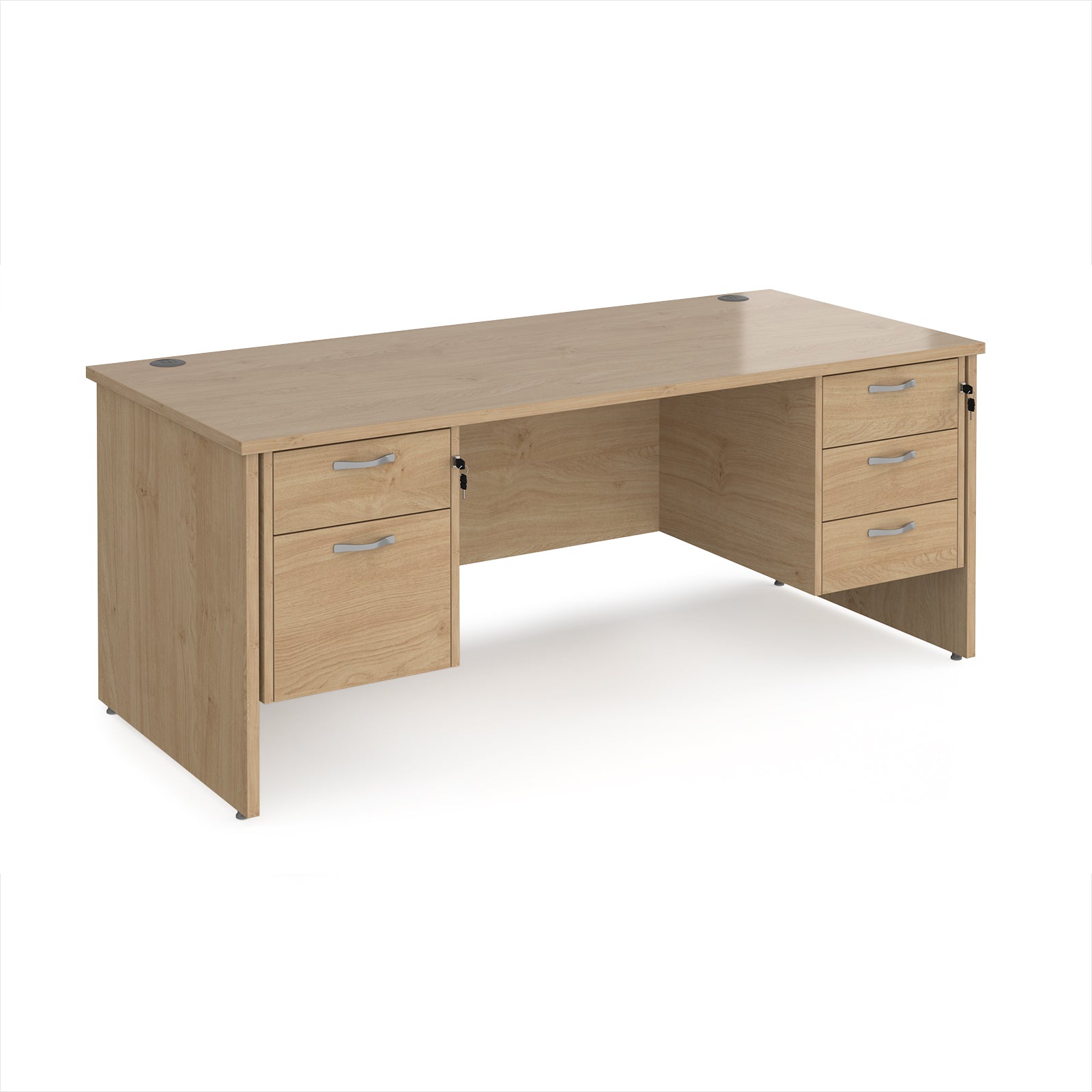 Wooden office desk with multiple drawers on a white background