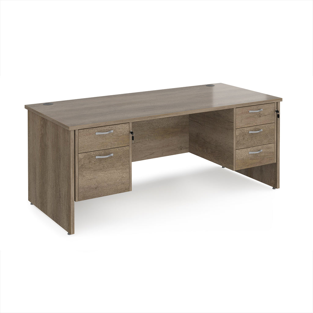 Wooden office desk with multiple drawers on a white background