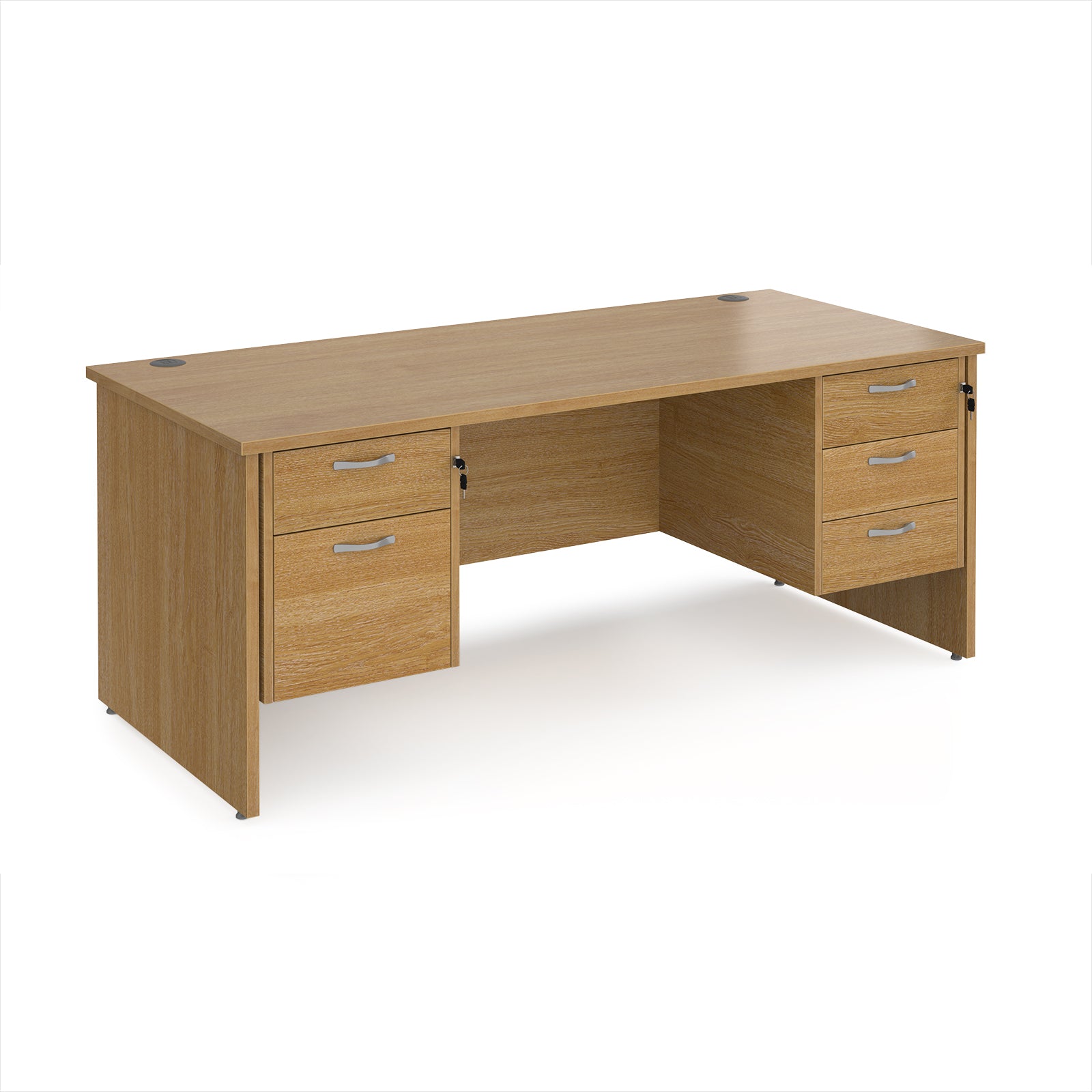 Wooden office desk with multiple drawers on a white background