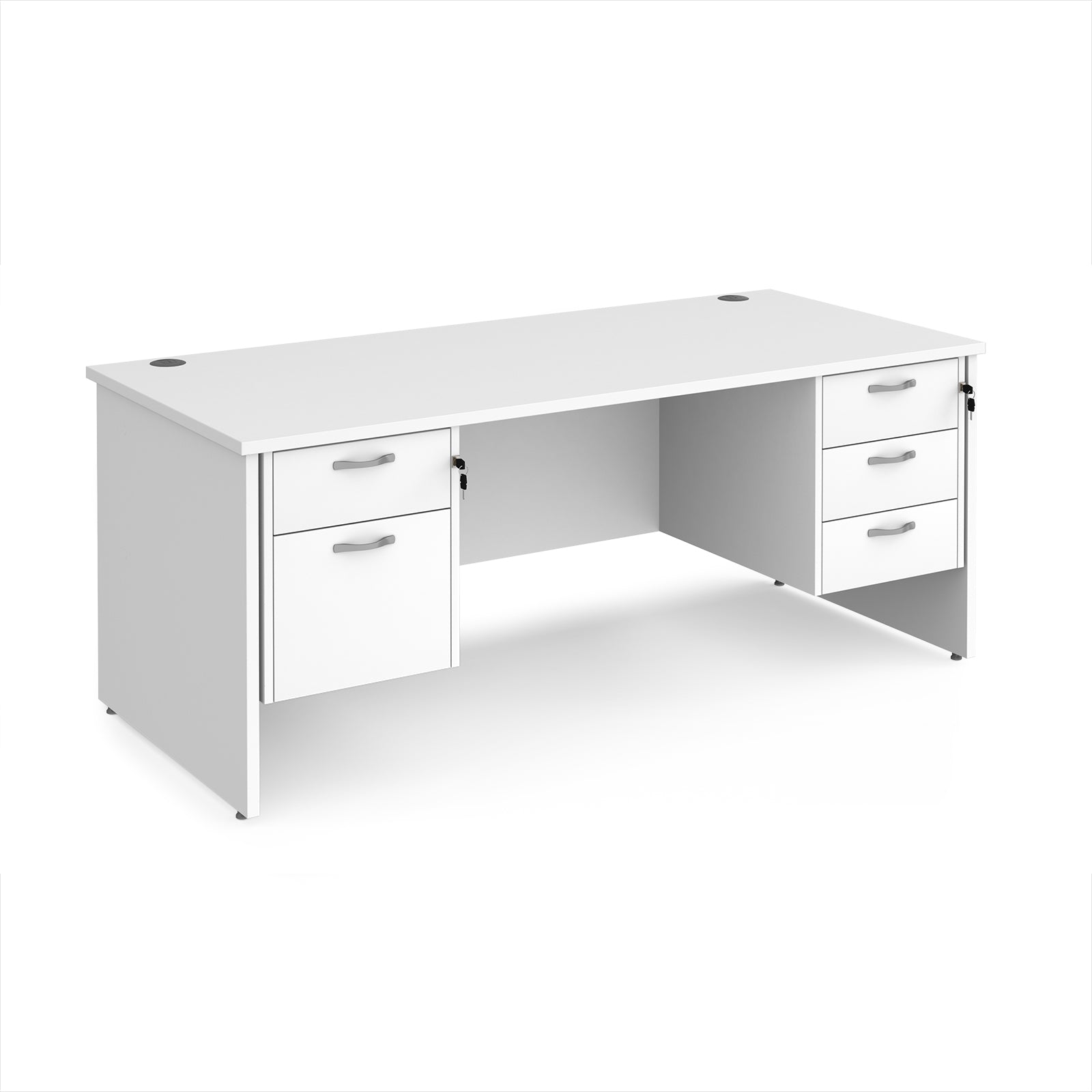 White office desk with multiple drawers on a white background