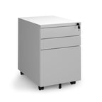 Grey file cabinet with two drawers on a white background