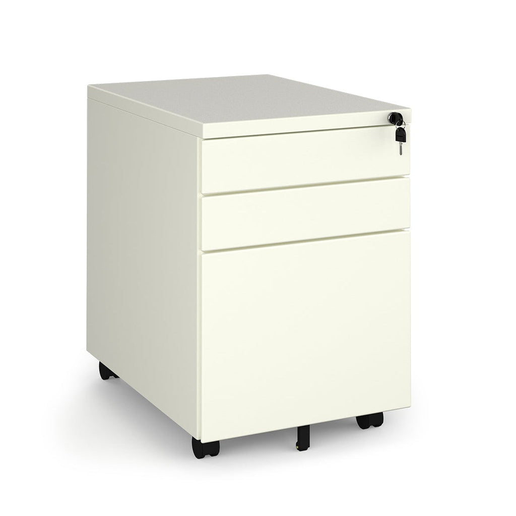 White three-drawer filing cabinet on a white background