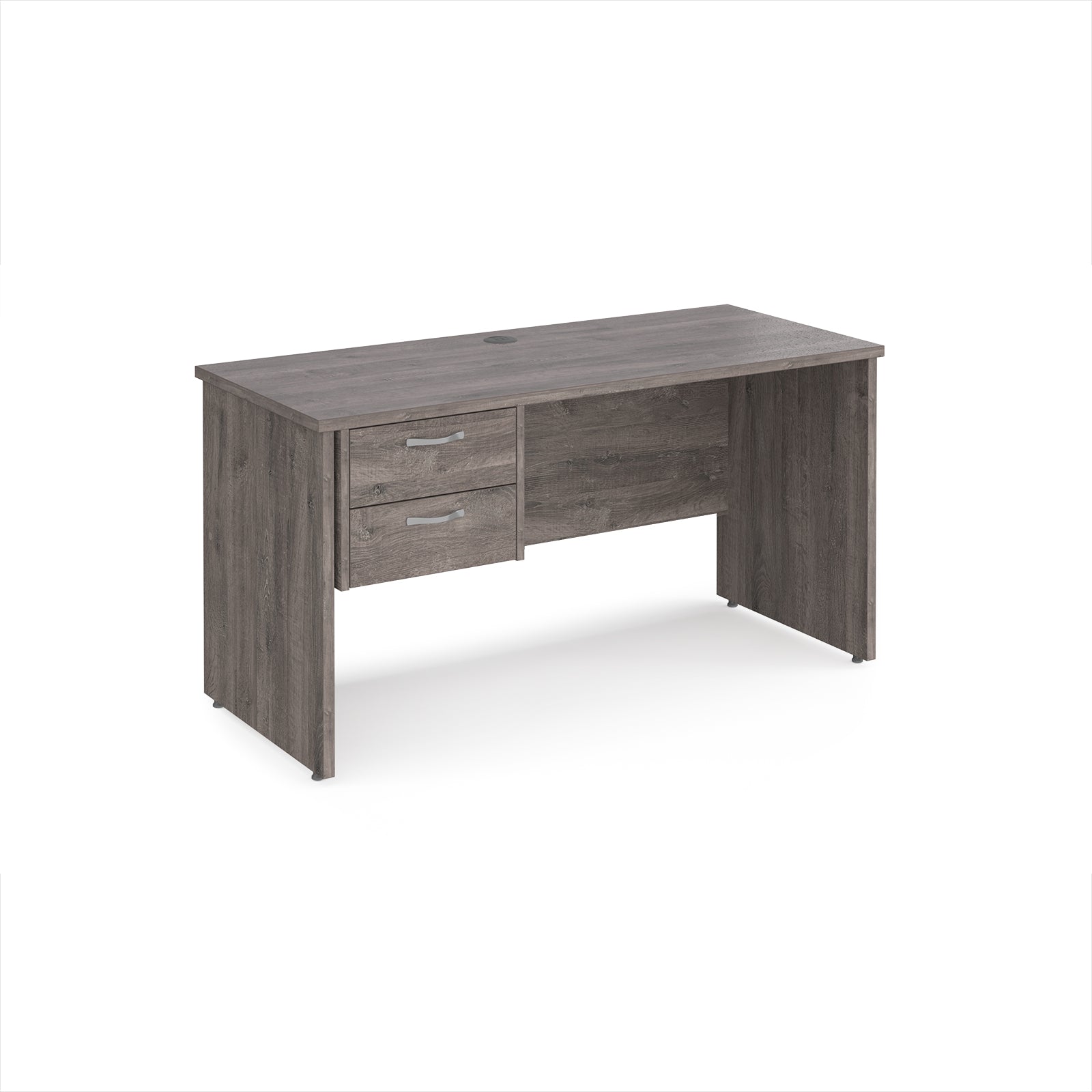 Grey wood-effect office desk with two drawers on a white background